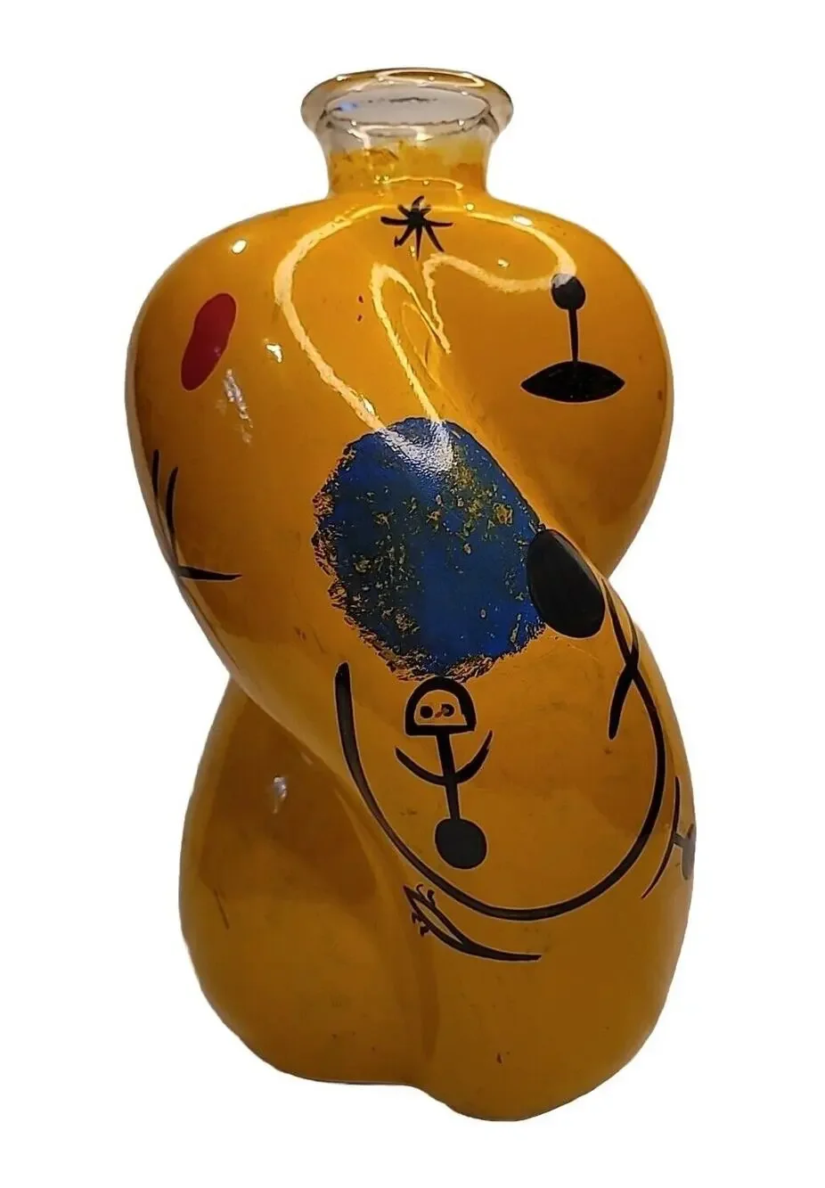 Joan Miro Style Art Deco Vintage Large Hand Painted Abstract Bulbous Glass Vase